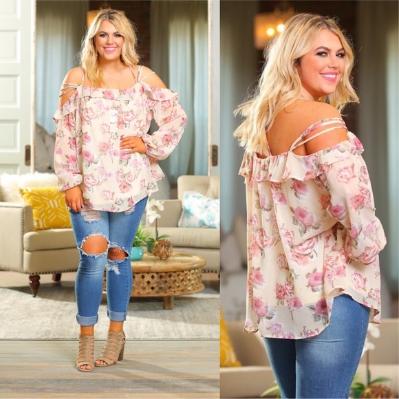 PLUS Cream Floral Chiffon Cold Shoulder Top - Picture 3 of 3
